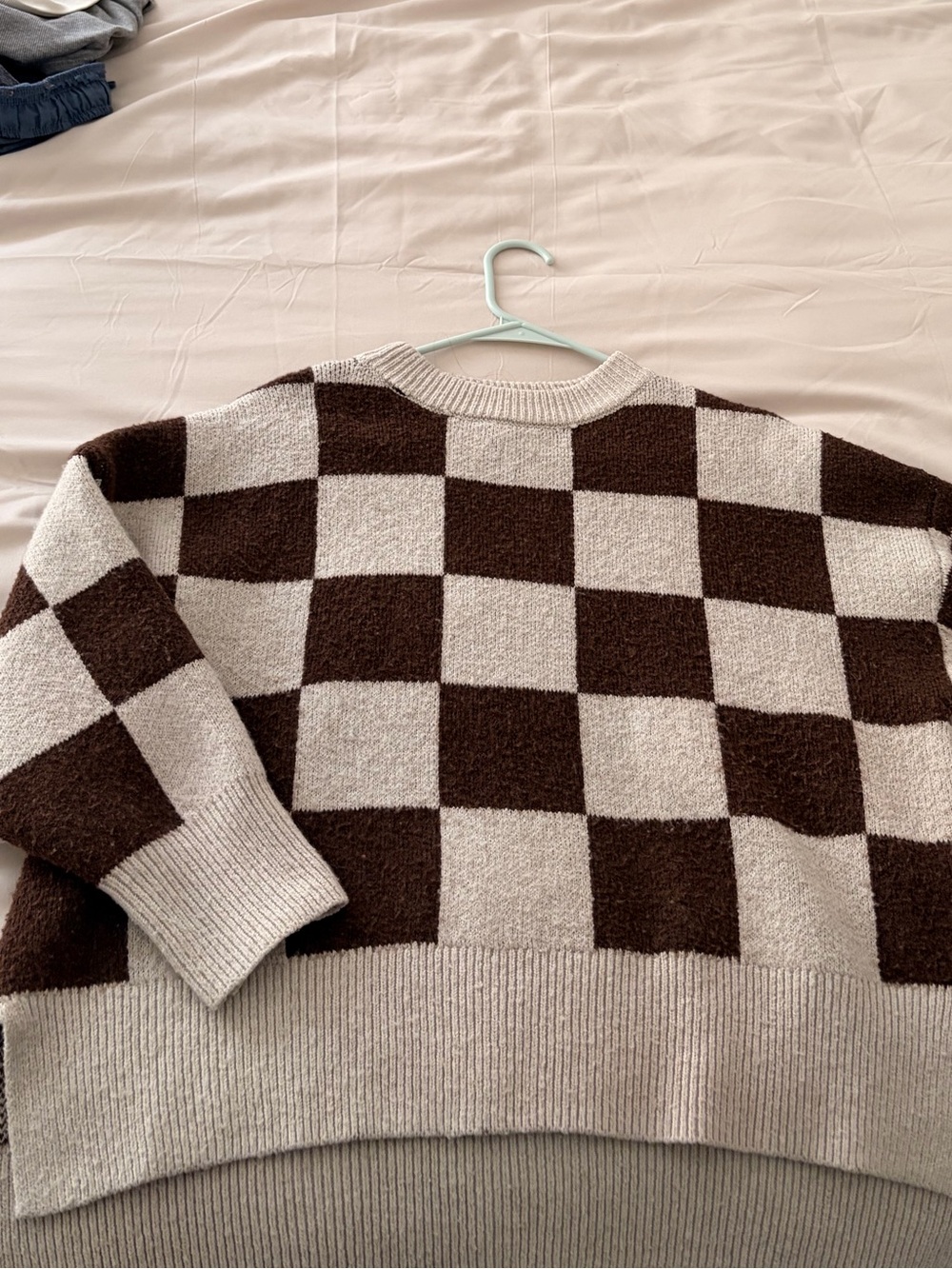 Brown and Cream Checker Knit Sweater - Classic Crewneck